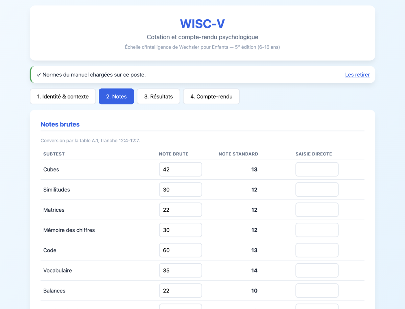 Onglet Notes du logiciel : la liste des quinze subtests, la note brute saisie et la note standard obtenue par conversion.